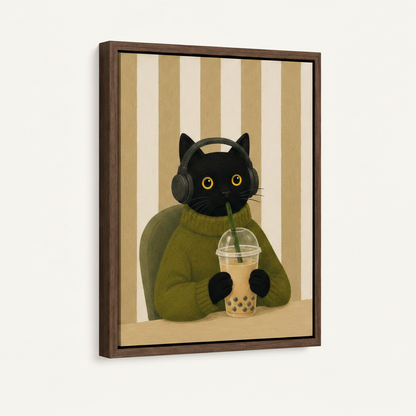 Side angle of float-framed boba cat canvas showing walnut wood frame detail against white wall