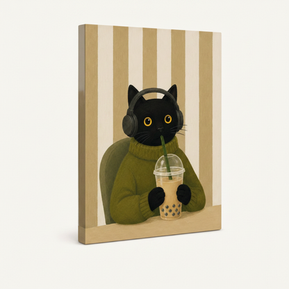 Gallery-wrap boba cat canvas side view showing illustrated black cat in olive sweater sipping boba