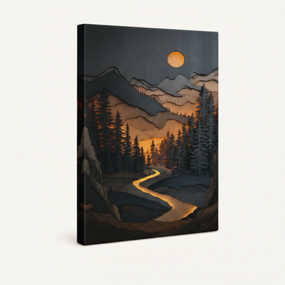 Frameless stretched canvas wrap of moody mountain landscape painting shown at angle on white background