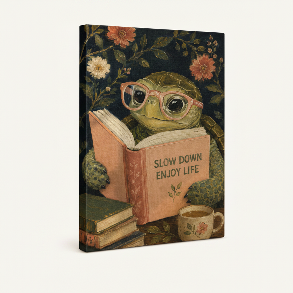 Stretched canvas turtle reading wall art at 3/4 angle showing floral side wrap and canvas depth on white background