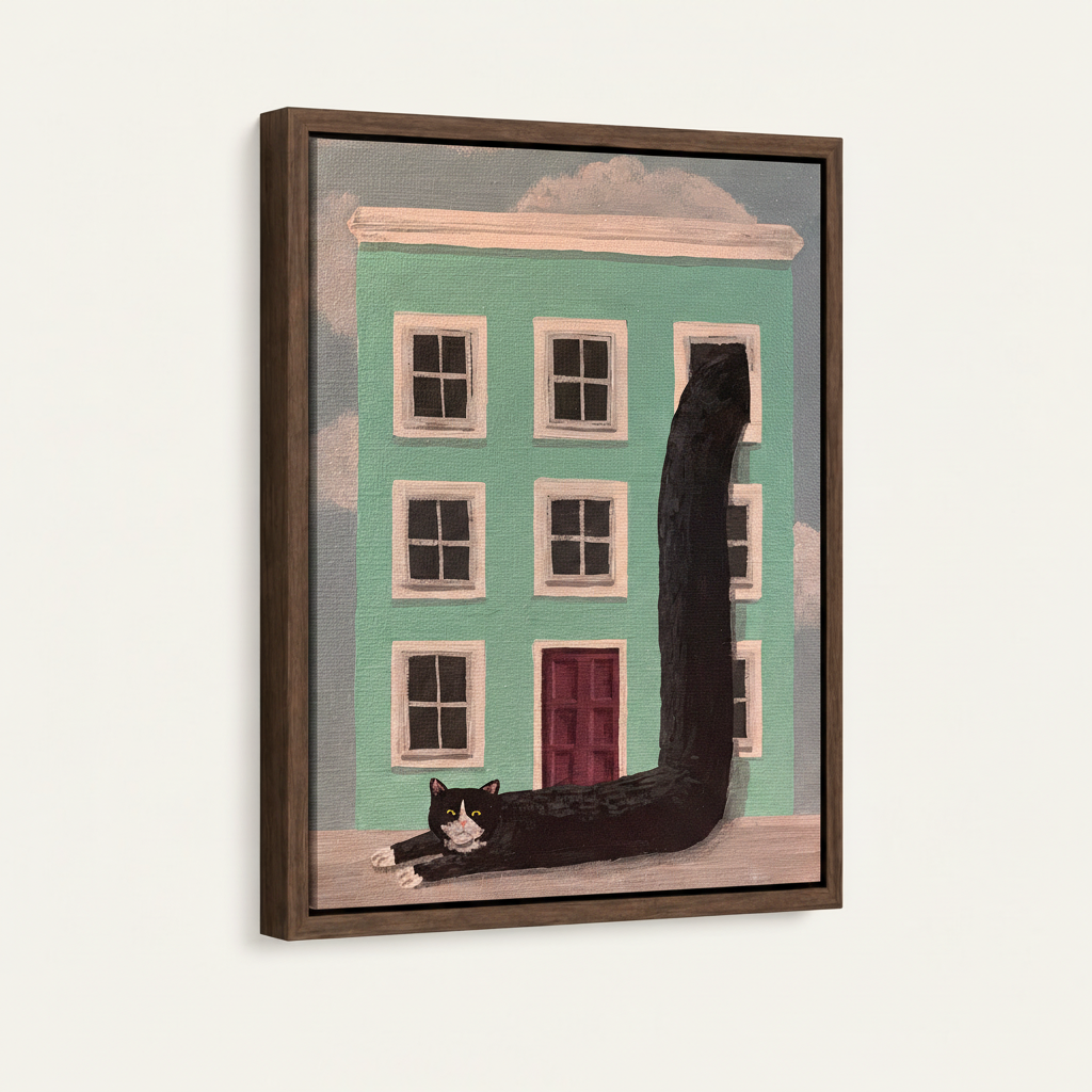 Tuxedo cat folk art canvas in dark walnut floater frame, 3/4 angle view on off-white wall