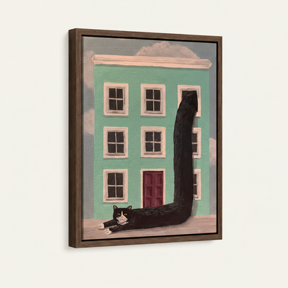 Tuxedo cat folk art canvas in dark walnut floater frame, 3/4 angle view on off-white wall
