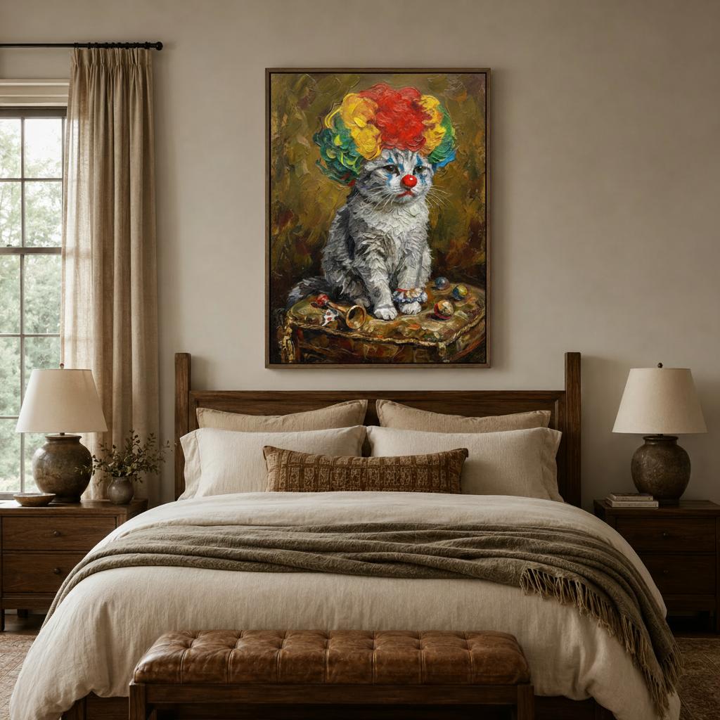 Whimsical clown cat portrait canvas above wooden bed headboard in a cozy warm bedroom