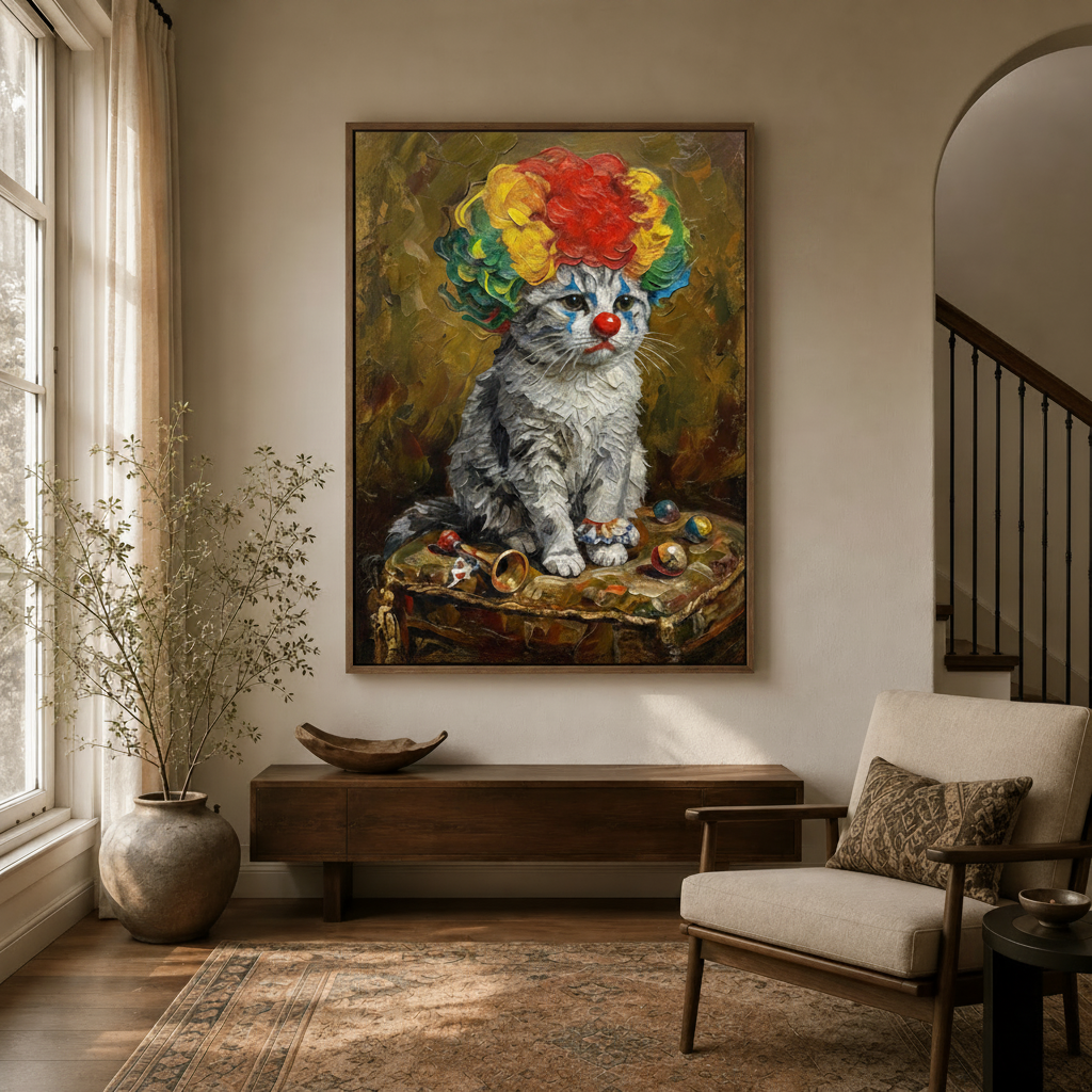 Funny clown kitten framed canvas hanging in a warm-toned entryway with arched doorway