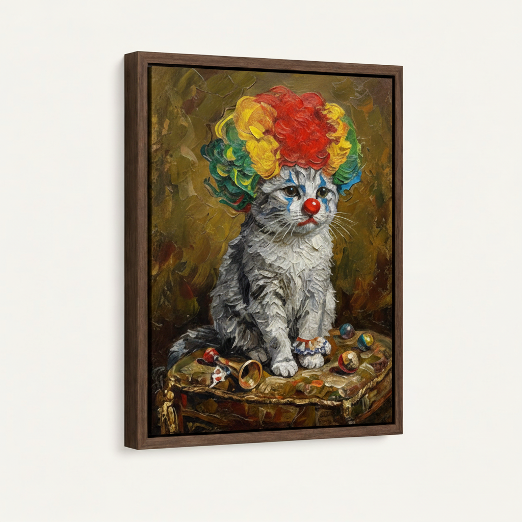 Clown cat canvas in dark walnut float frame, angled product view on white background