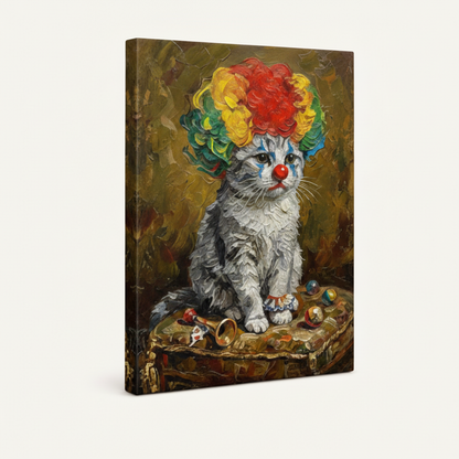Sad circus cat gallery wrap canvas, frameless stretched style, angled view on white background