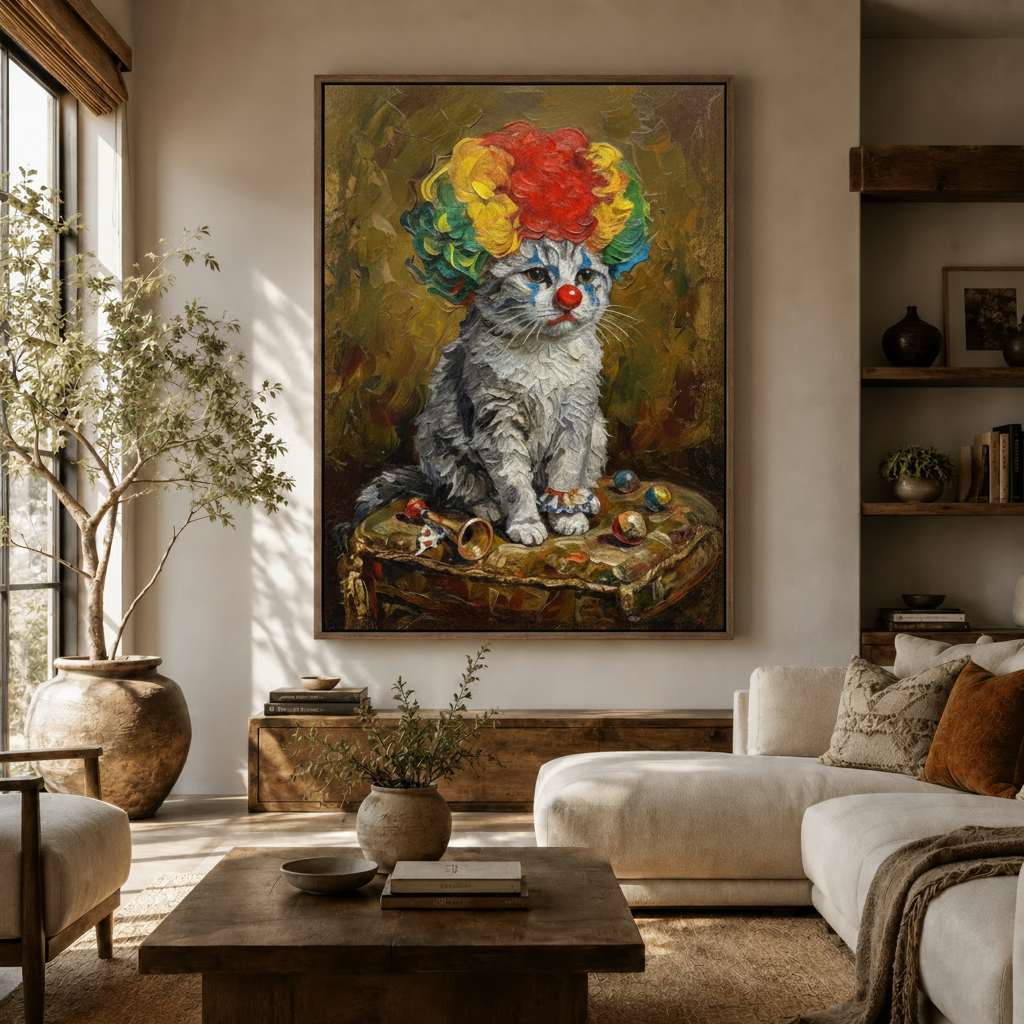 Sad clown cat canvas wall art in impasto style displayed in a bright neutral living room
