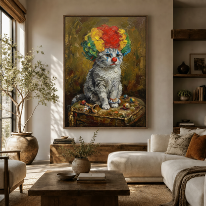 Sad clown cat canvas wall art in impasto style displayed in a bright neutral living room