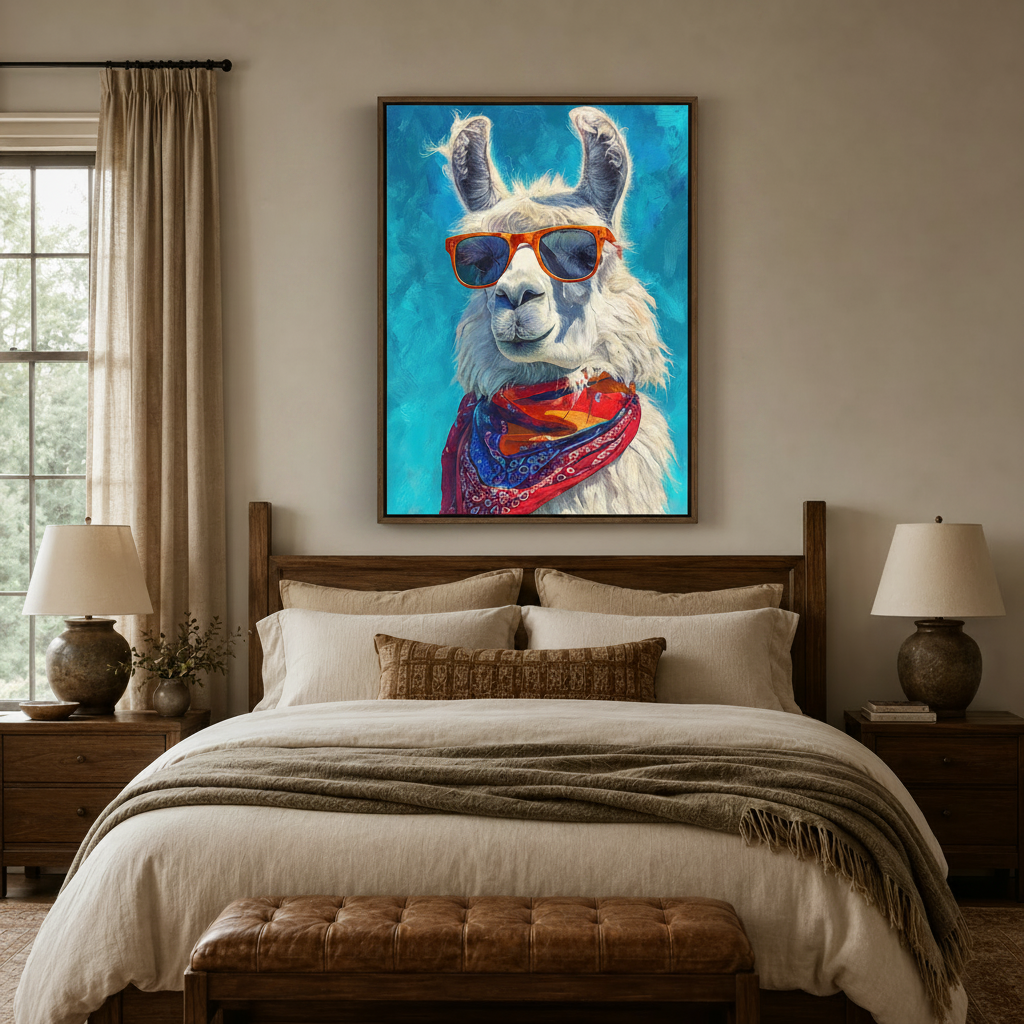 Vivid turquoise llama wall art in dark walnut float frame above wooden bedroom headboard