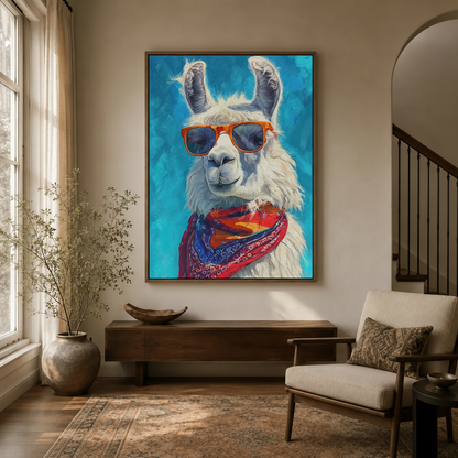 Funny llama with sunglasses framed canvas hanging in a warm-toned entryway with arched doorway