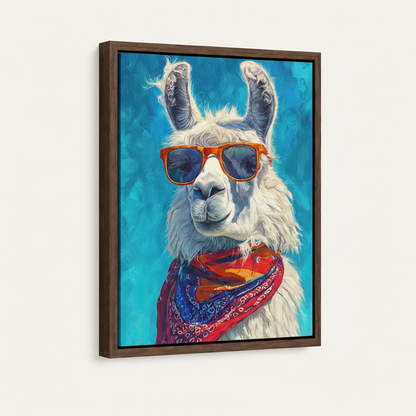 Cool llama canvas in dark walnut float frame, angled product view on white background