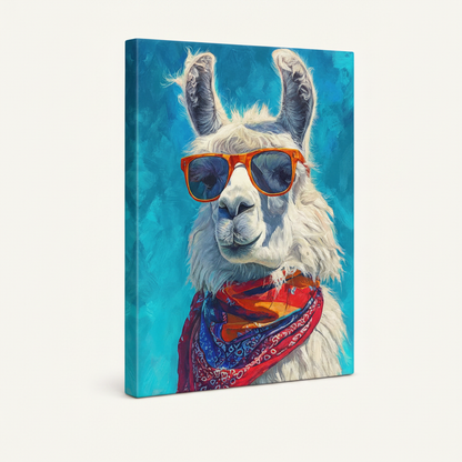 Colorful llama gallery wrap canvas, frameless stretched style, angled view on white background