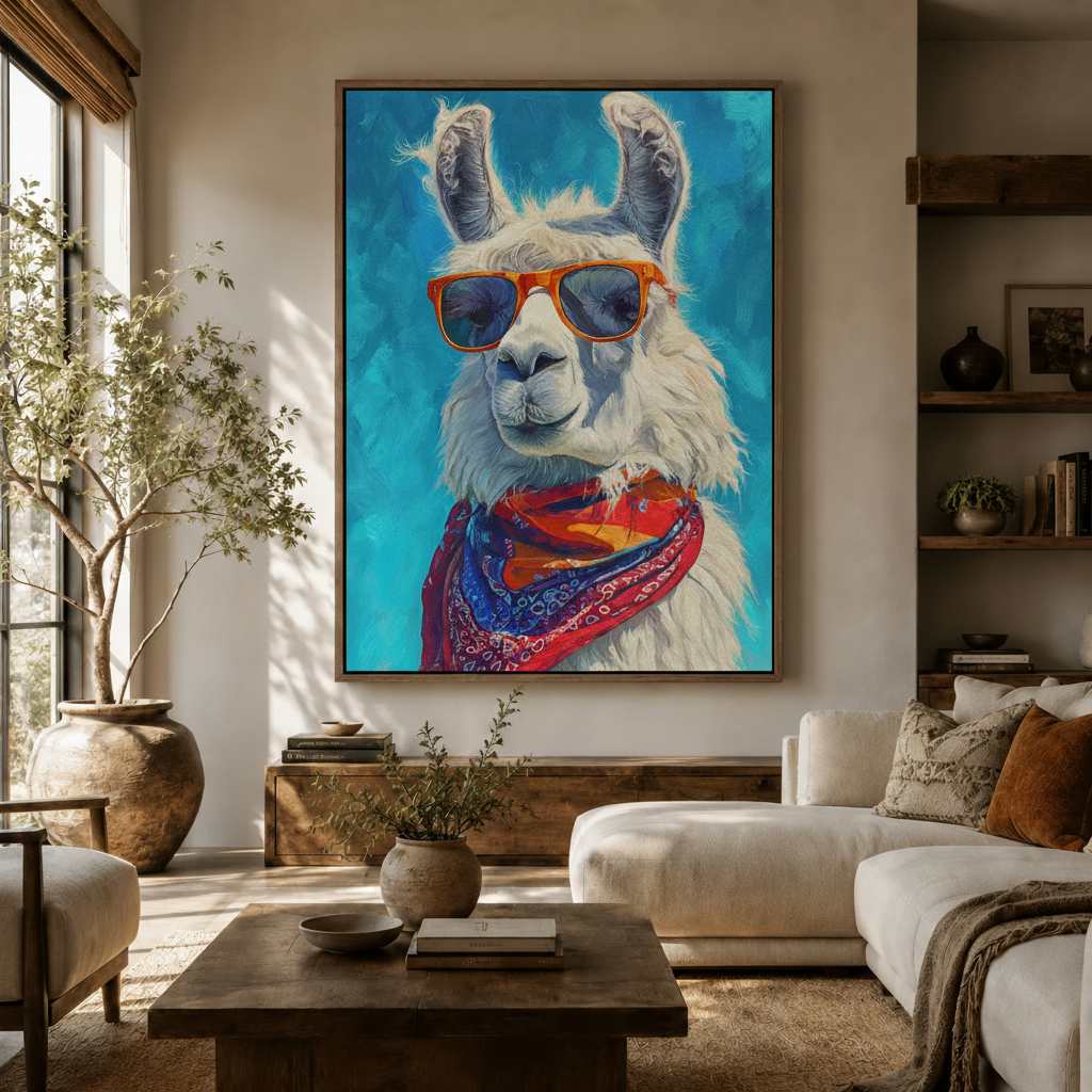 Bold colorful llama canvas wall art displayed in a bright neutral living room with natural light