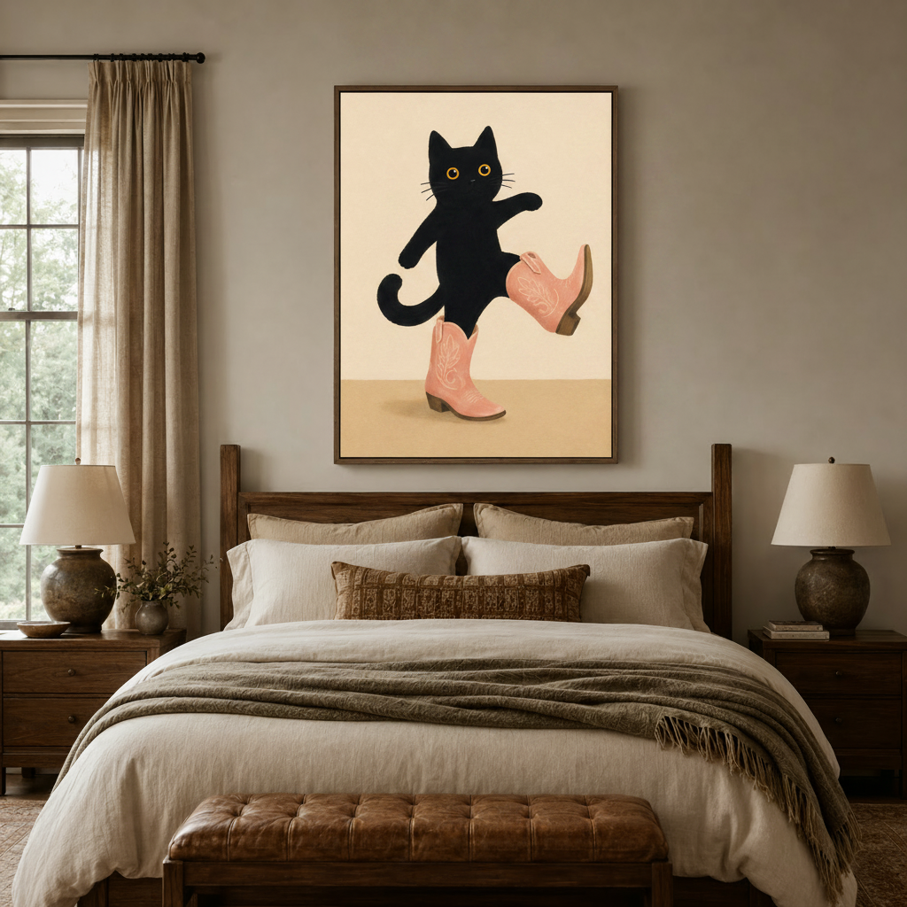 Whimsical cowboy cat flat illustration canvas above wooden bed headboard in cozy bedroom