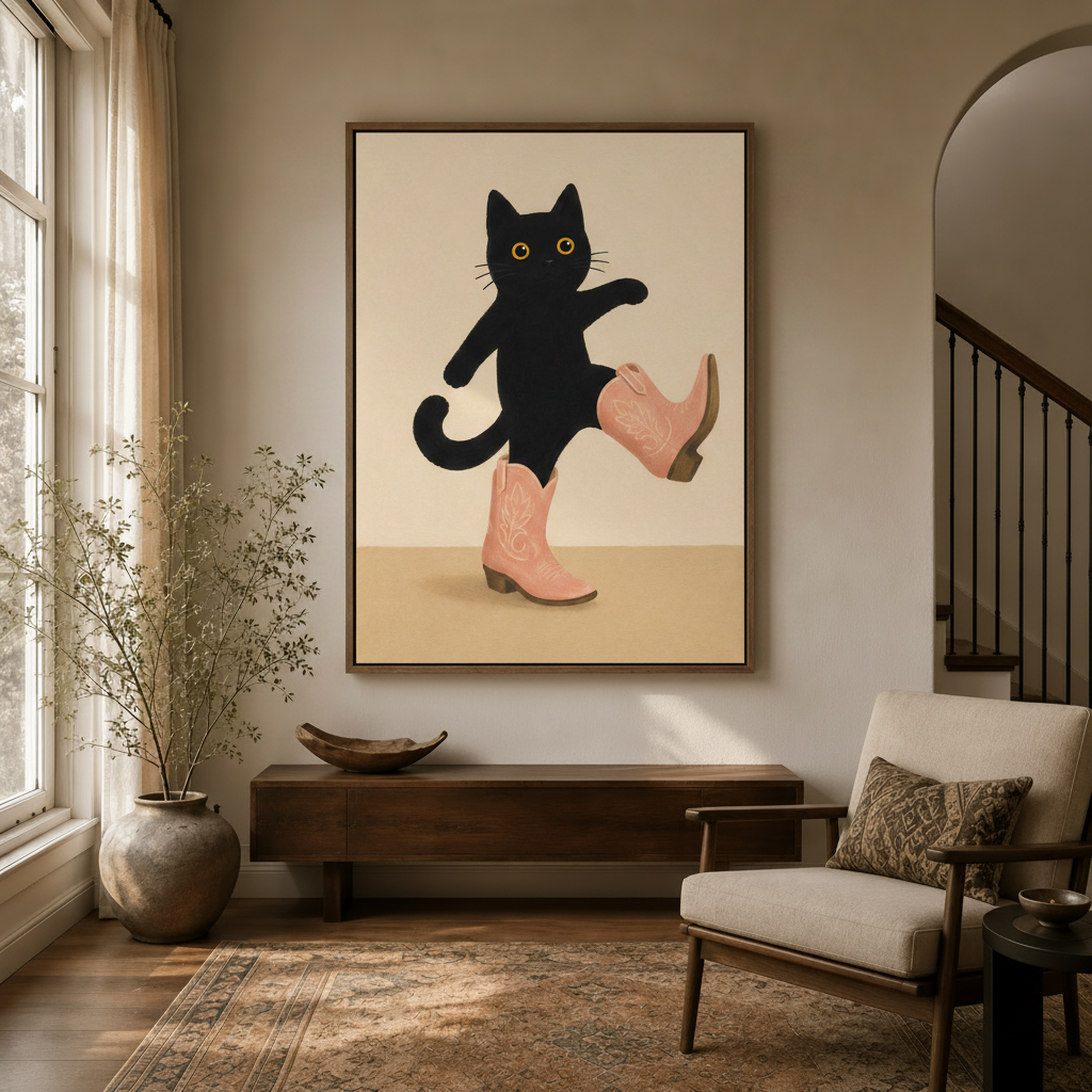 Black cat wearing pink western boots framed canvas hanging in a warm-toned entryway
