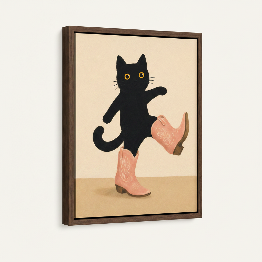 Cowboy cat canvas in dark walnut float frame, angled product view on white background