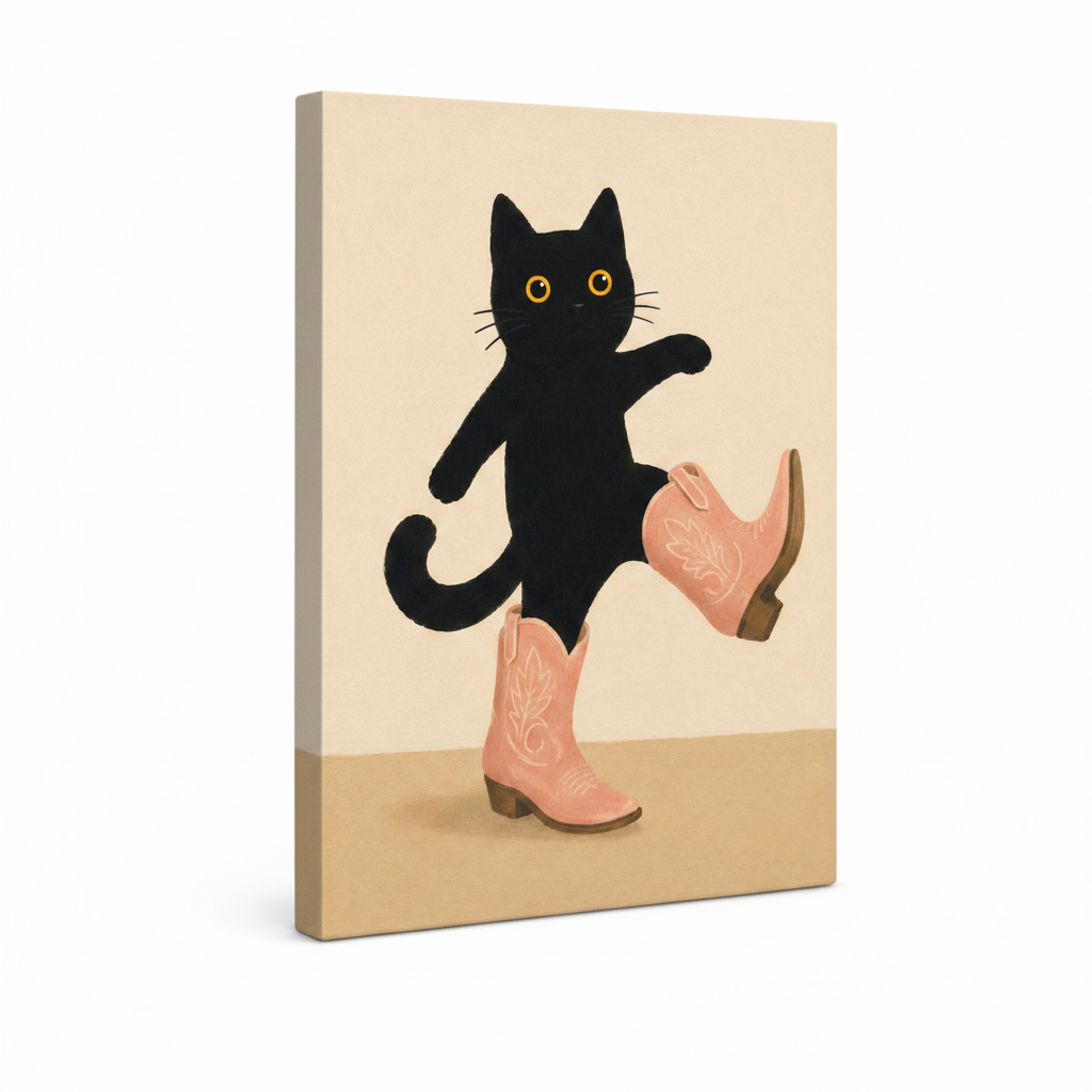 Black cat in pink cowboy boots gallery wrap canvas, frameless style, angled view on white background