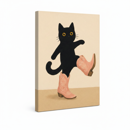 Black cat in pink cowboy boots gallery wrap canvas, frameless style, angled view on white background