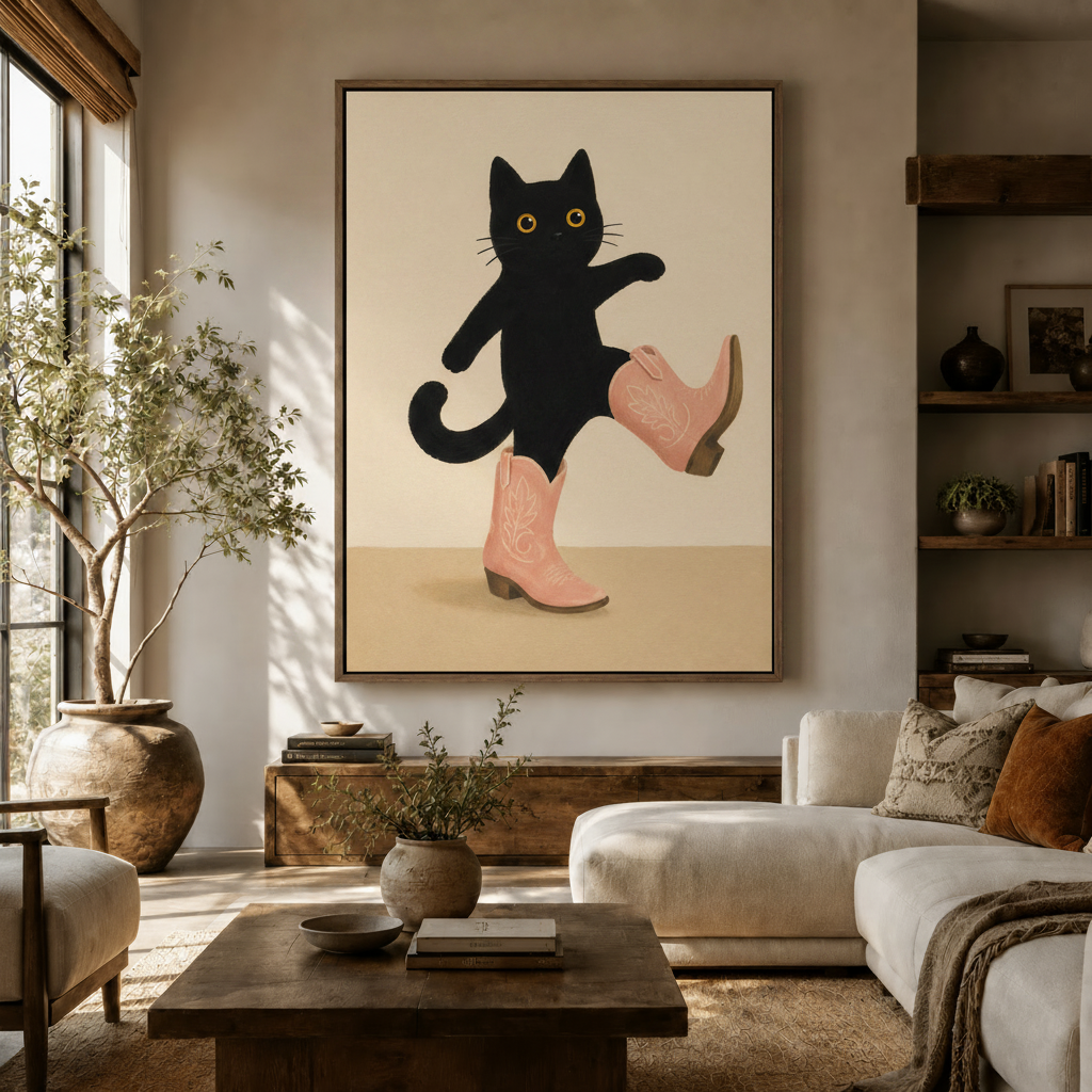 Cute cowboy cat in pink boots canvas wall art displayed in a bright neutral living room