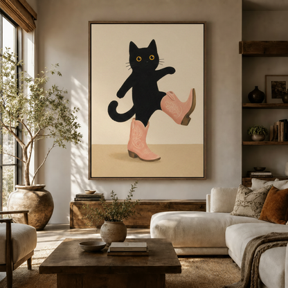 Cute cowboy cat in pink boots canvas wall art displayed in a bright neutral living room