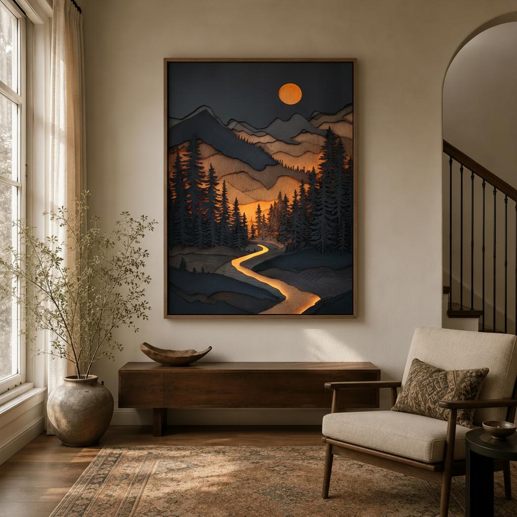 Layered landscape canvas painting with pine trees and full moon hung in cozy entryway scene