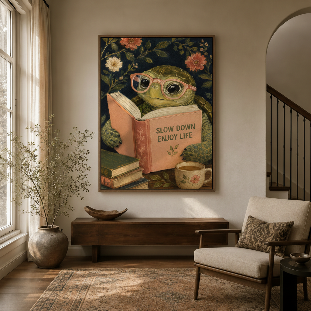 Slow down turtle floral canvas print hanging in a cozy entryway with arched doorway – whimsical animal wall art