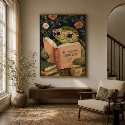 Slow down turtle floral canvas print hanging in a cozy entryway with arched doorway – whimsical animal wall art