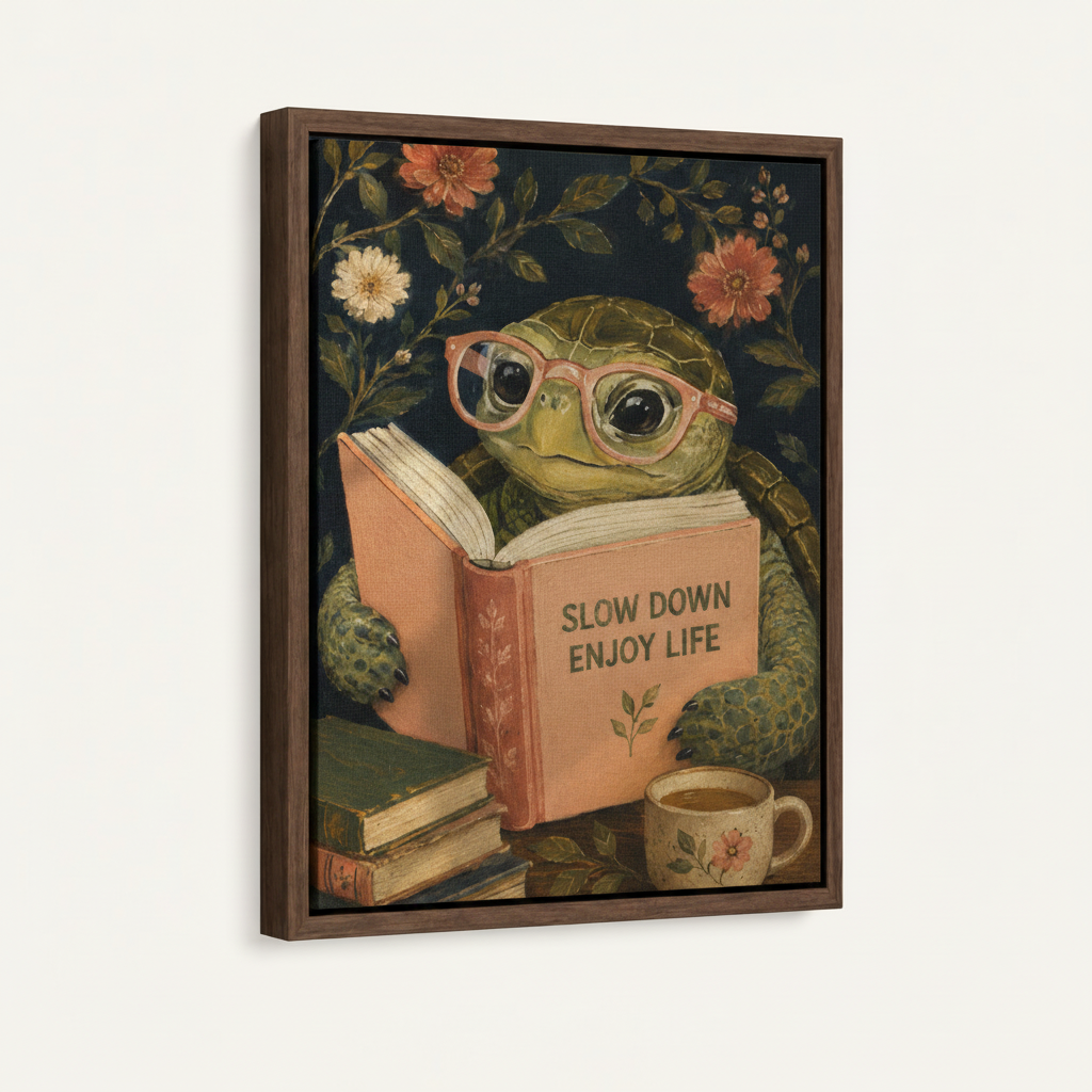 Whimsical turtle reading canvas print in dark walnut float frame shown at angle on white background