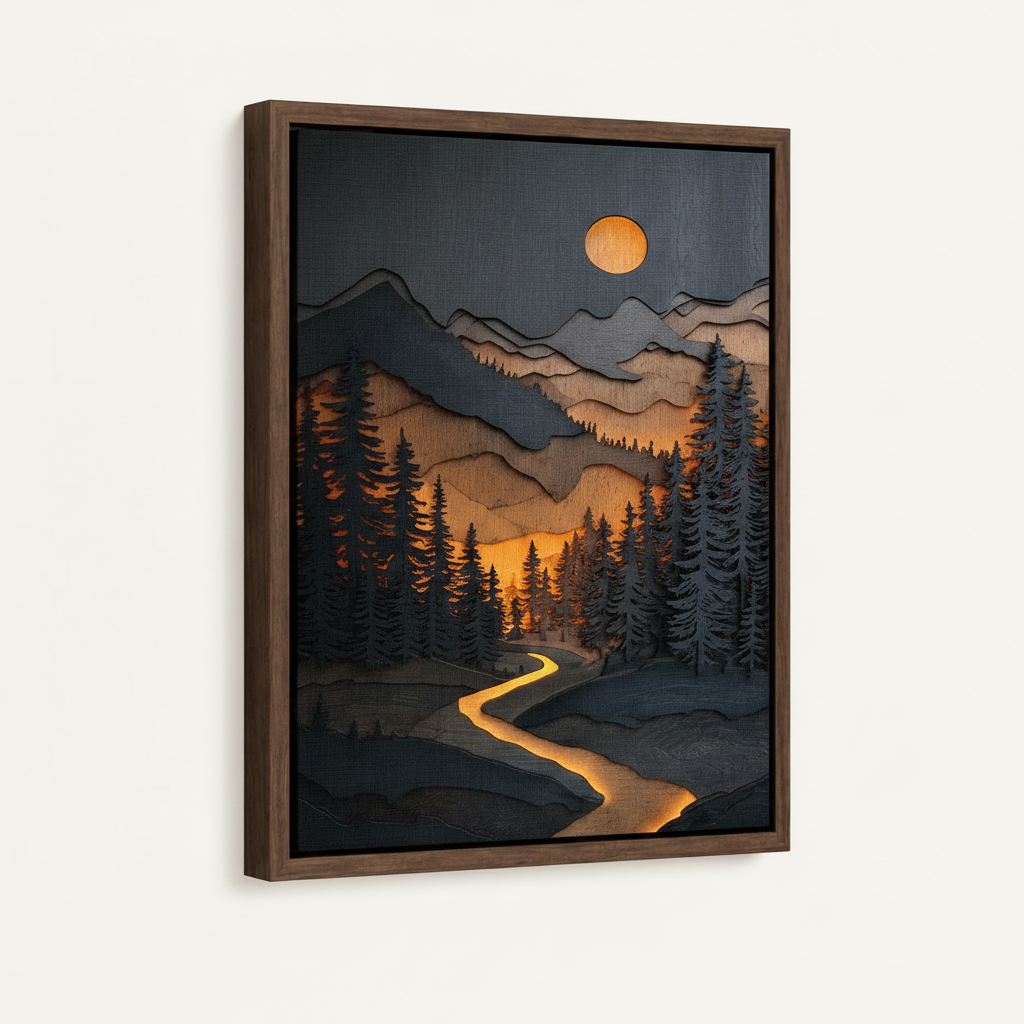 Mountain moon canvas wall art in dark walnut float frame shown at angle on white background