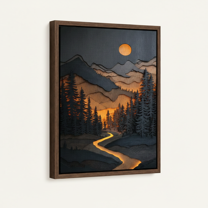 Mountain moon canvas wall art in dark walnut float frame shown at angle on white background