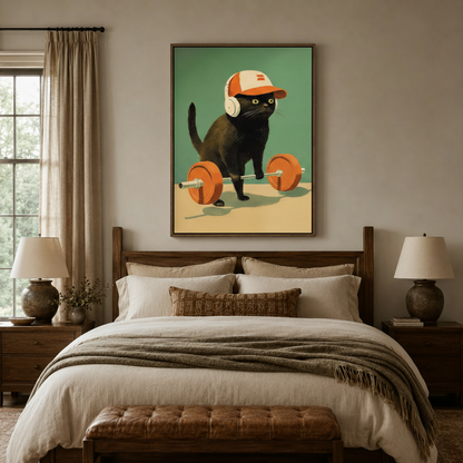 Retro gym cat wall art in dark walnut float frame above wooden bed headboard in cozy bedroom