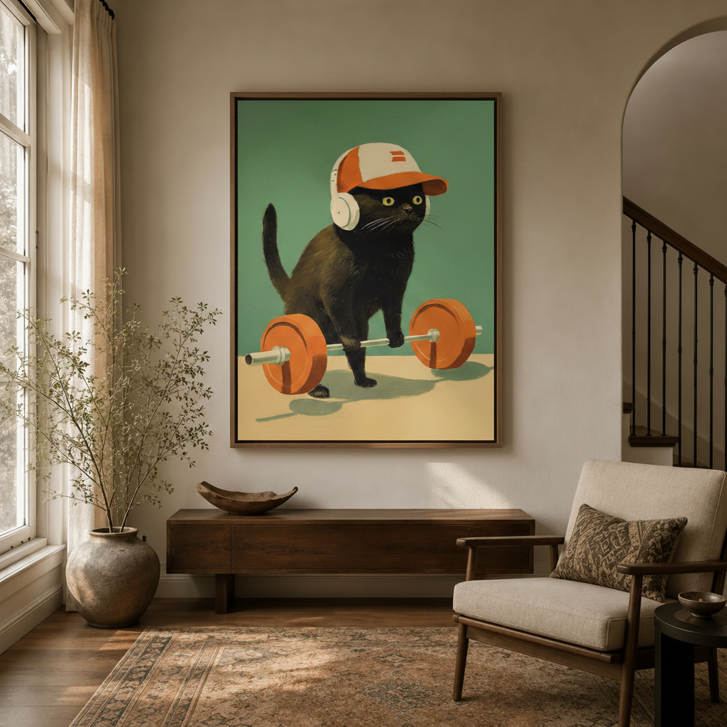 Black cat with barbell framed canvas hanging in a warm-toned entryway with arched doorway