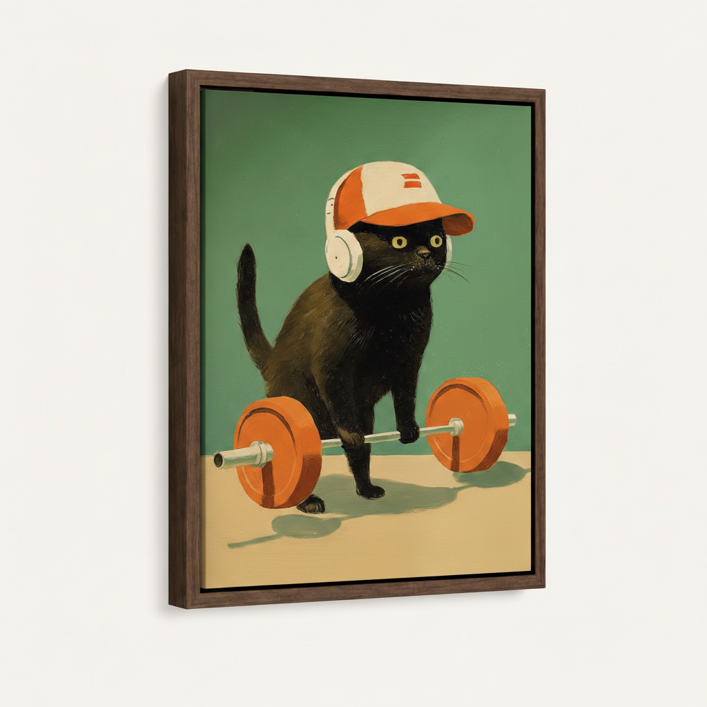 Gym cat canvas in dark walnut float frame, angled product view on white background