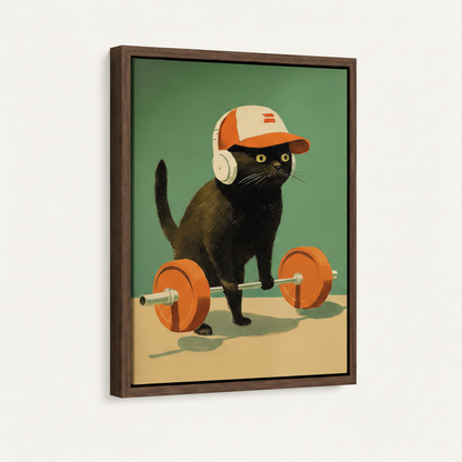 Gym cat canvas in dark walnut float frame, angled product view on white background