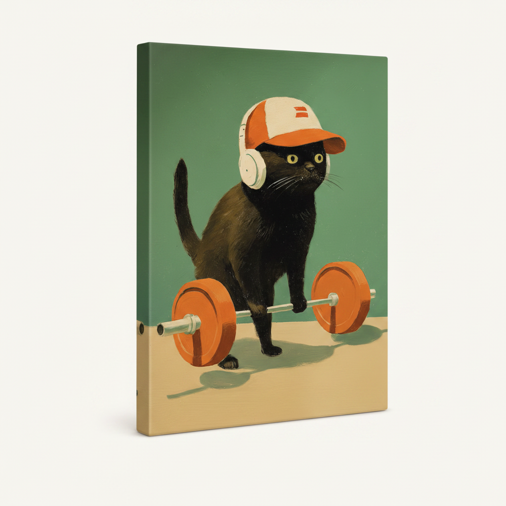Black cat lifting weights gallery wrap canvas, frameless stretched style, angled view on white background