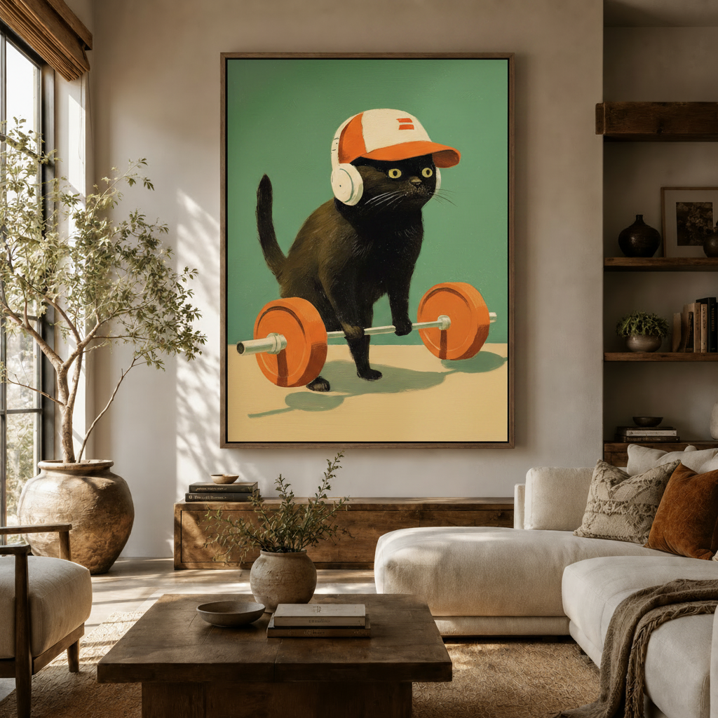 Funny gym cat canvas wall art in retro style displayed in a bright neutral living room