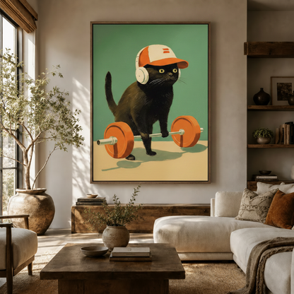 Funny gym cat canvas wall art in retro style displayed in a bright neutral living room
