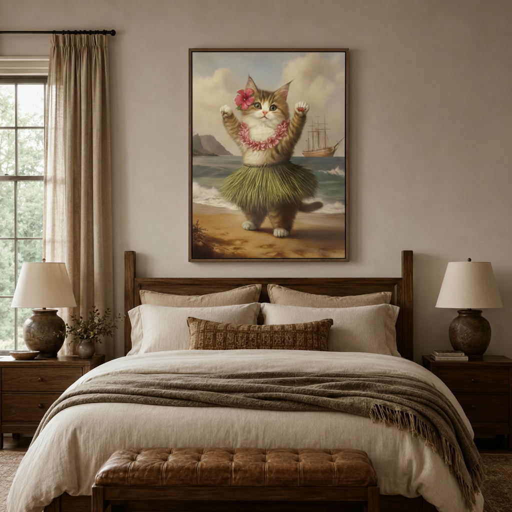 Vintage-style hula cat wall art above wooden bed headboard in a warm neutral bedroom