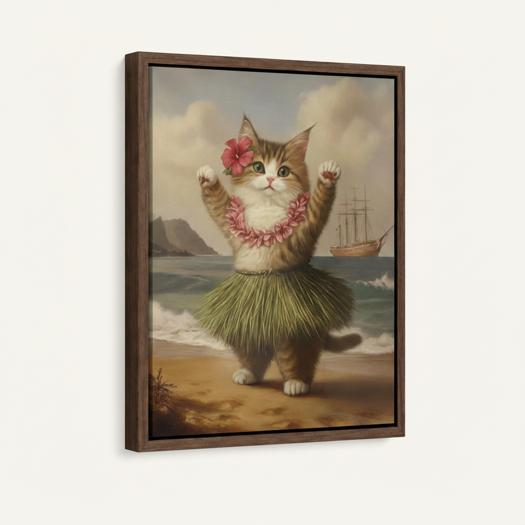Hula cat canvas in dark walnut float frame, angled product view on white background