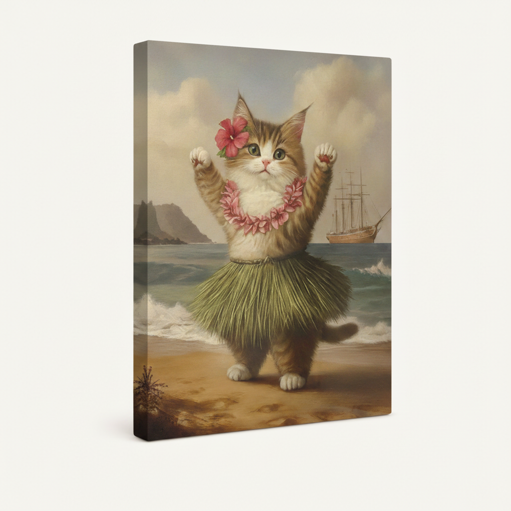 Stretched gallery wrap canvas of dancing hula cat, angled view on white background