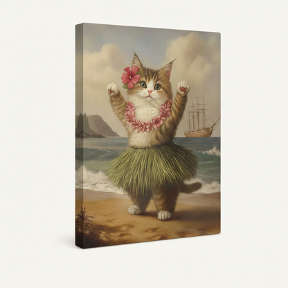 Stretched gallery wrap canvas of dancing hula cat, angled view on white background