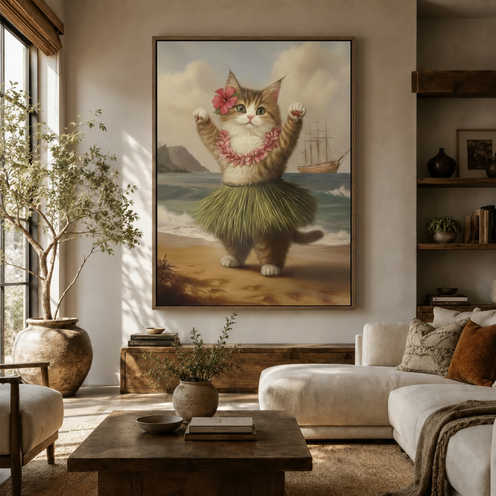Whimsical hula cat canvas wall art displayed in a warm neutral living room with natural light