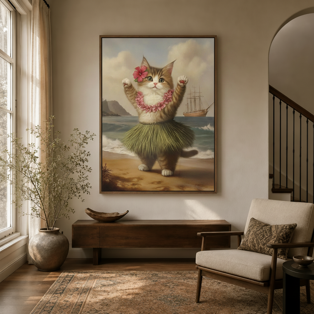 Funny hula dancing cat framed canvas hanging in a cozy entryway with arched doorway