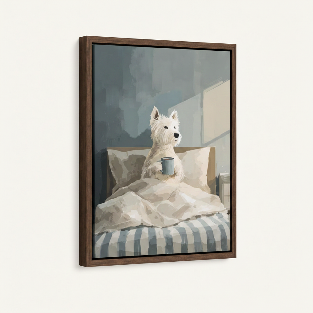 Framed canvas wall art featuring a white West Highland Terrier with morning coffee, soft illustrated style