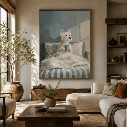 Illustrated Westie dog canvas print displayed in a warm neutral living room above a wooden console