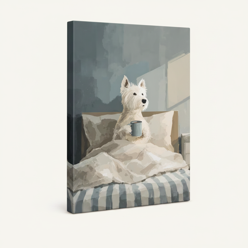 Unframed stretched canvas print of a Westie dog in bed holding a blue mug, illustrated painterly style