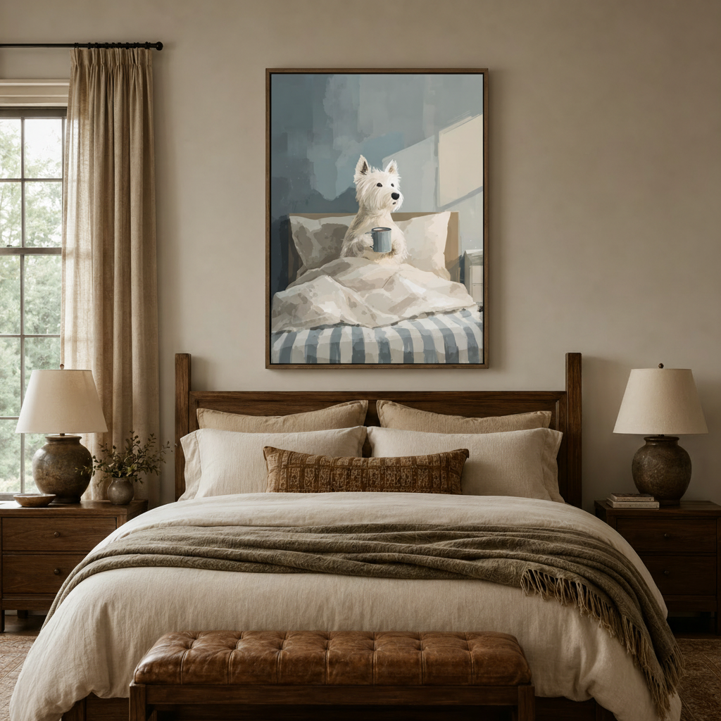 Westie morning canvas art above a wooden bed headboard in a warm neutral bedroom setting