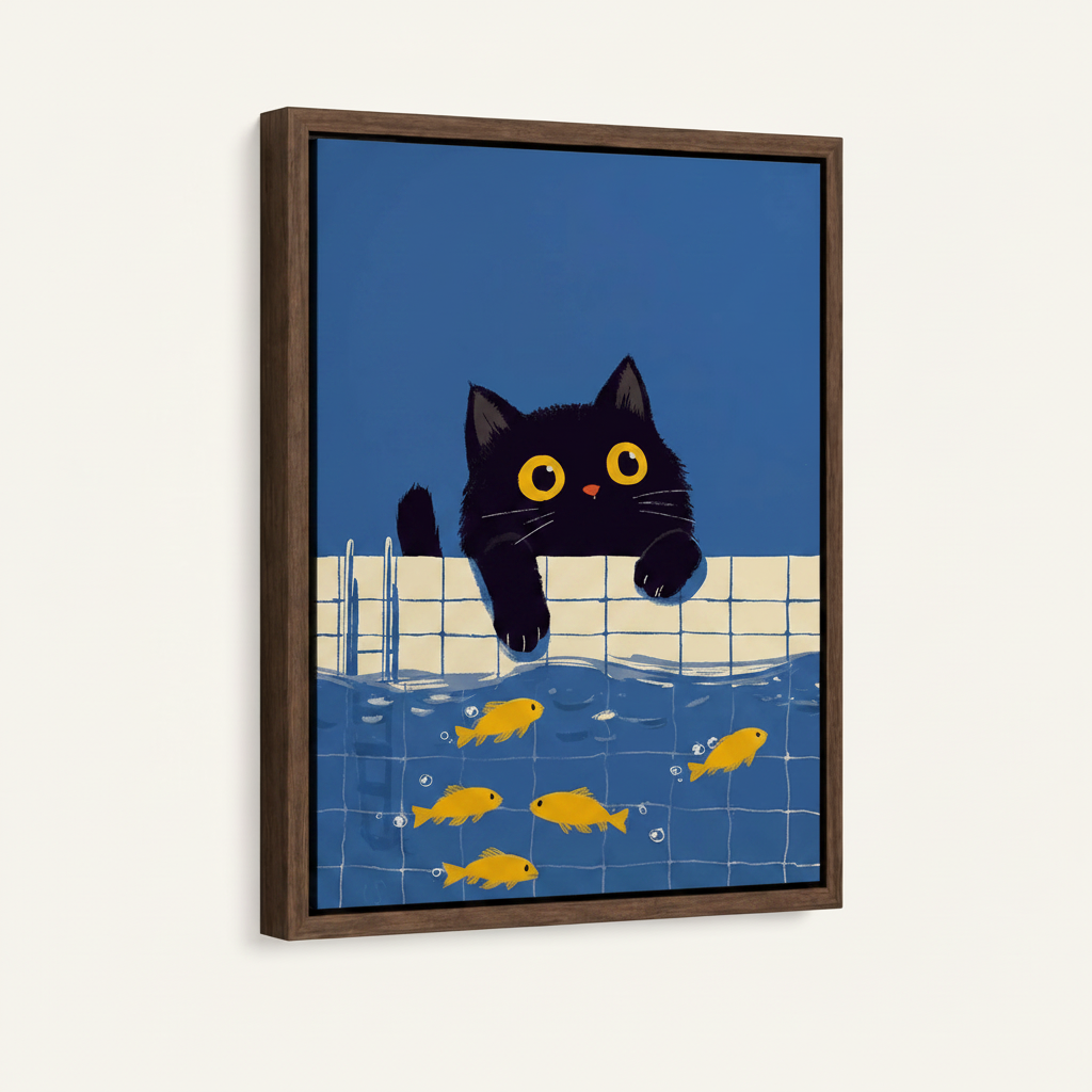 Dark walnut float frame canvas print of black cat peering at goldfish in a blue pool