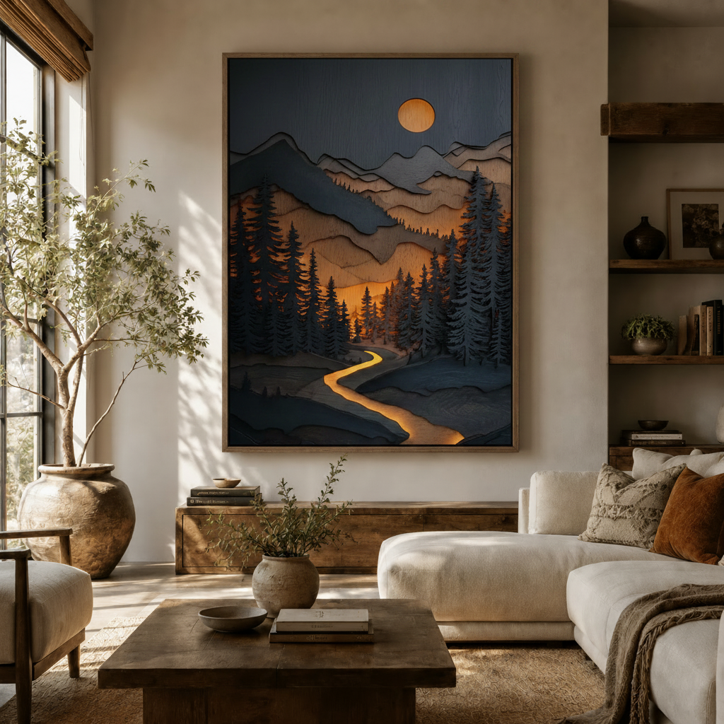 Moody mountain moon canvas wall art with glowing river displayed in warm neutral living room