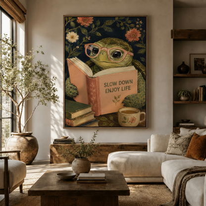 Whimsical turtle reading canvas print displayed in a warm living room above a walnut sideboard – Aurewall wall art